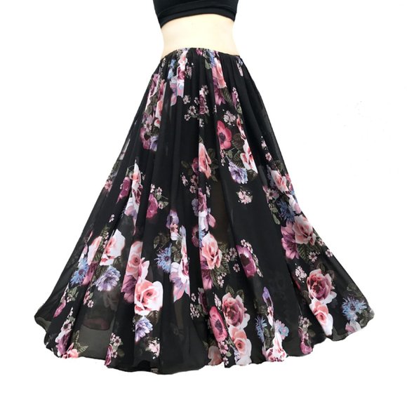 Black Chiffon Skirt Pink Roses Full-Circle Ameynra design. Size L - Picture 1 of 2